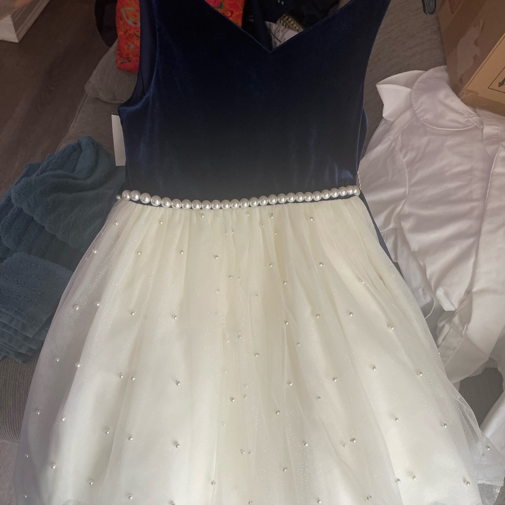 Elegant Navy and White Kids Dress with Pearl Accents